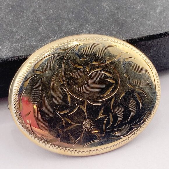 Burkhardt Jewelry - BURKHARDT Vintage etched gold-filled oval brooch with flower and leaf design pin